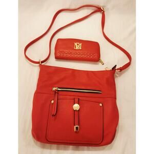 Badgley Mischka Orange Studded Vegan Leather Wallet and Crossbody Bag Set